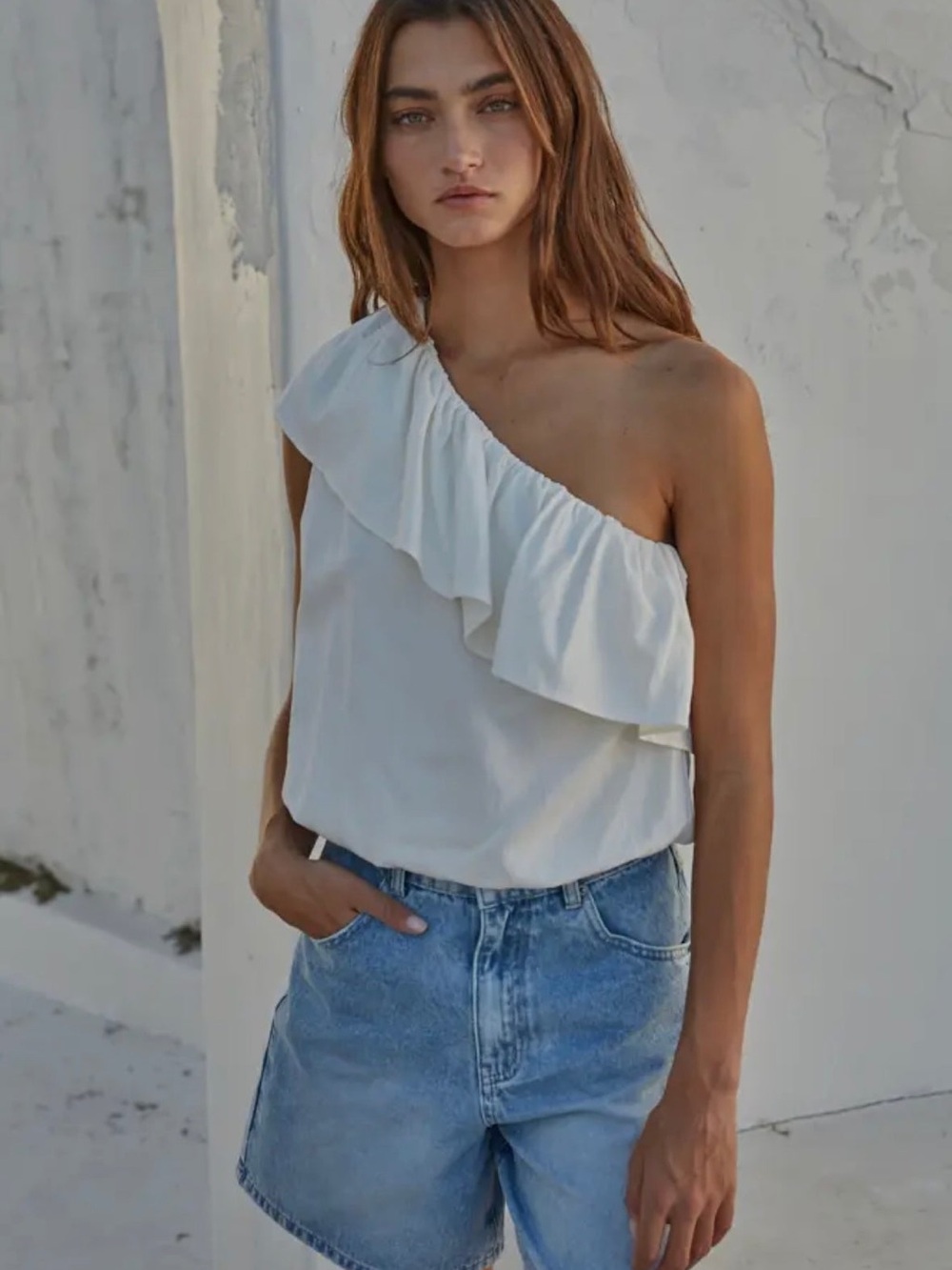 By Together One-Shoulder Ruffle Camisole in White